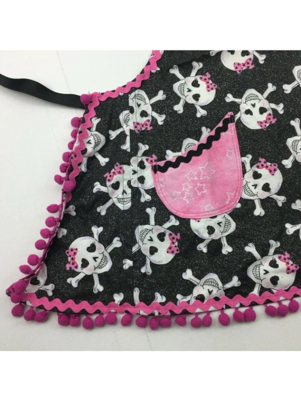 Girls Baking Apron for Kitchen Punk Rock Skulls With Bows Pink Pom Pom Ribbon